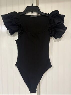 Zara Black Ruffle Sleeve One-Piece Bodysuit